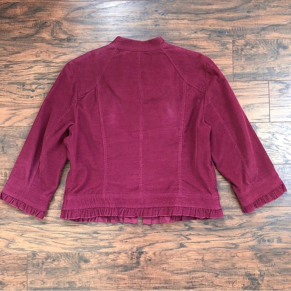 Sandro • burgundy corduroy jacket cropped 3/4 sleeve ruffle trim zip front - Picture 6 of 6